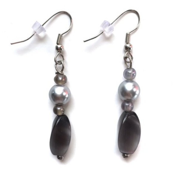 Hand Crafted Jewelry - Women's Gray Cat Eye Gemstone Silvertone Pearl Long Drop Dainty Dangle Earrings